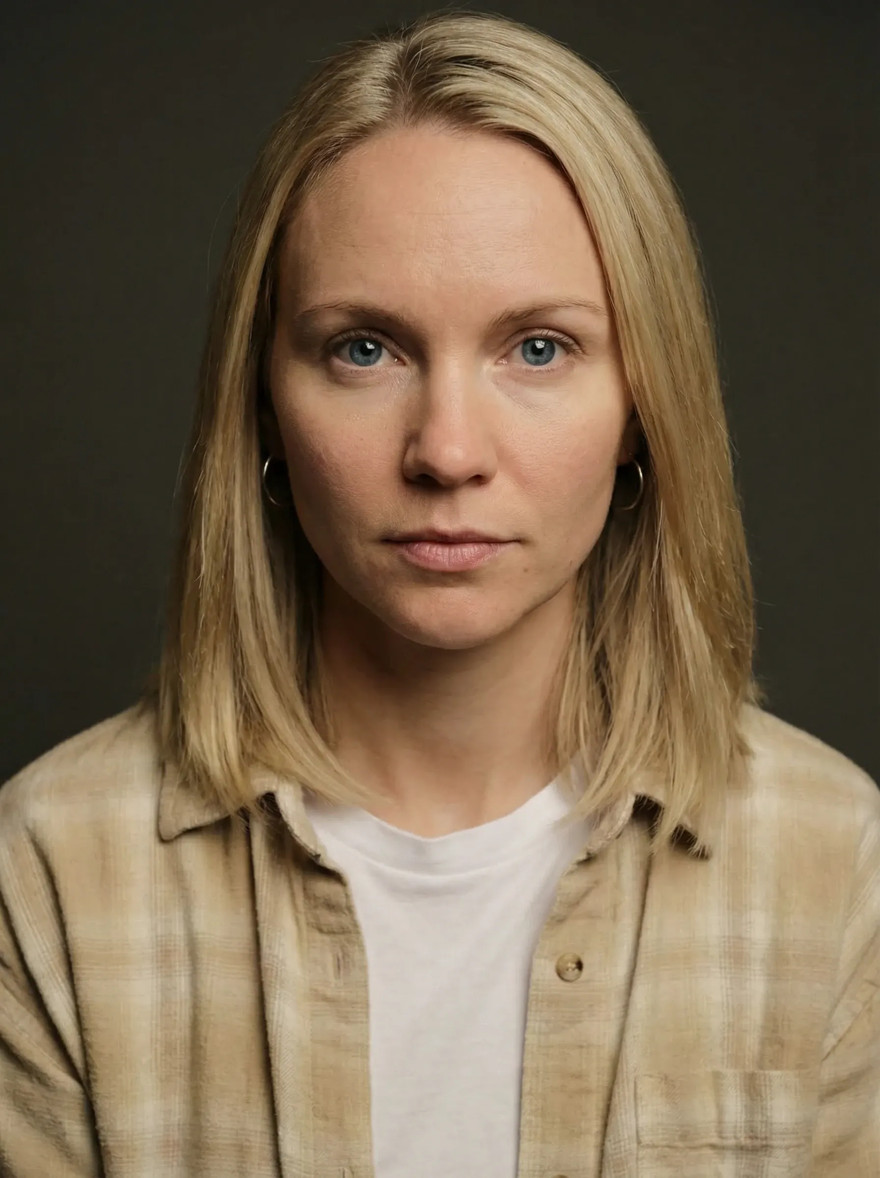 AI actress headshot — woman in a beige overshirt and white crew neck top against a neutral background